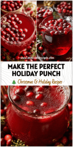 Glass pitcher of red Homemade Christmas Punch surrounded by cranberries and holiday table decorations