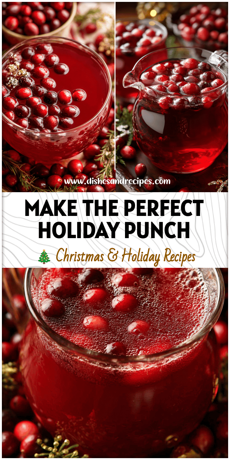 Glass pitcher of red Homemade Christmas Punch surrounded by cranberries and holiday table decorations