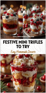 Colorful mini trifle desserts layered with whipped cream and berries in glass cups for a holiday table.