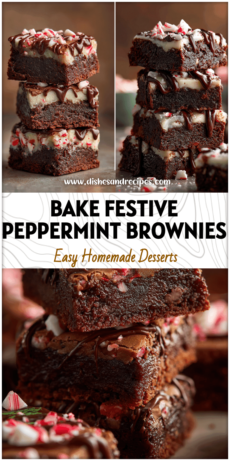 Stack of festive peppermint brownies with chocolate drizzle and candy cane bits for Holiday Desserts.