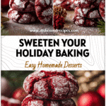 Stack of red velvet crinkle cookies with powdered sugar beside Christmas decorations.