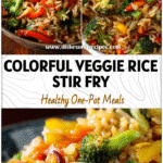 Flavorful Veggie Rice Stir Fry | Seasonal Vegetable Fast Meal 5 Bowl of colorful veggie rice stir fry featuring carrots, broccoli, and peppers for an easy vegetable fast meal.