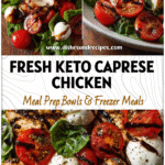 A colorful Keto Chicken Caprese Salad with grilled balsamic chicken, fresh mozzarella, tomatoes, and basil served as a Caprese Dinner.