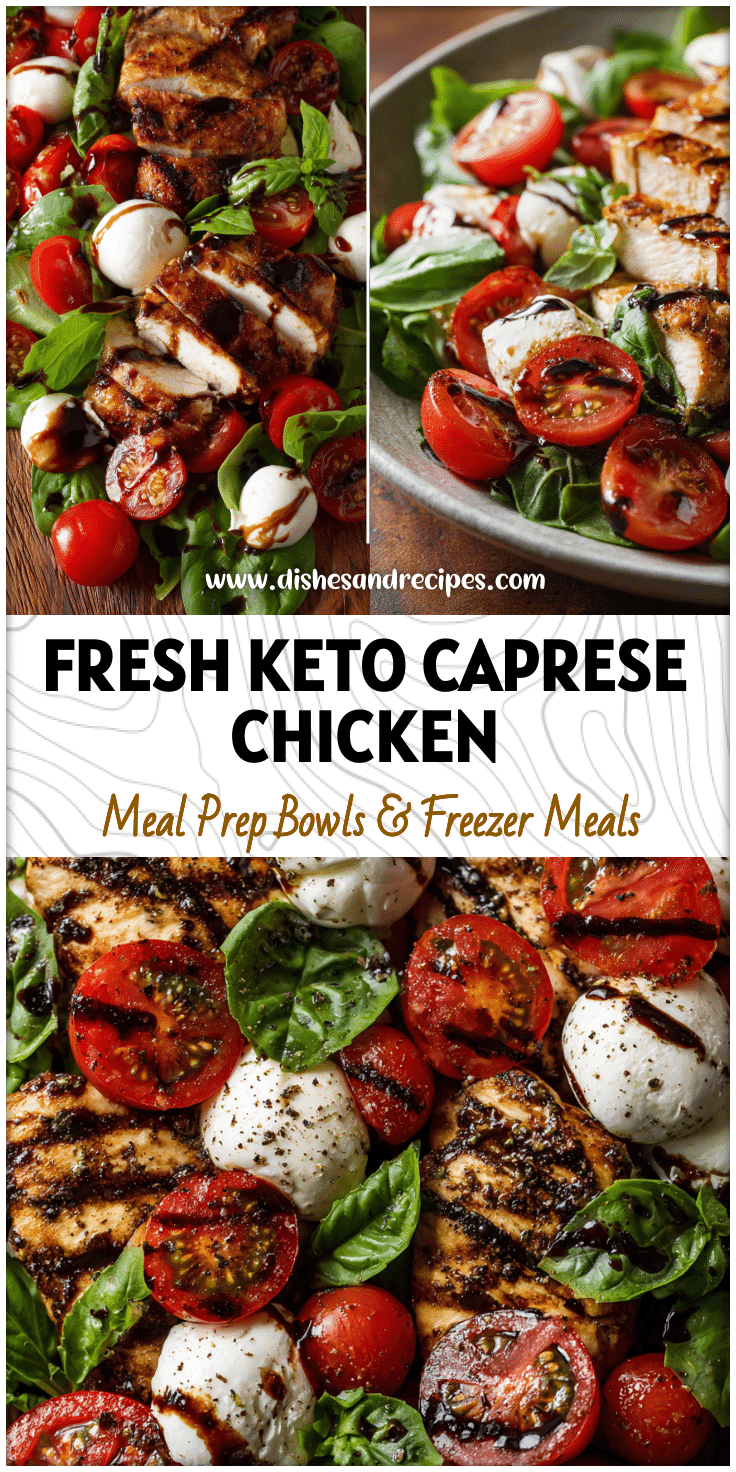 A colorful Keto Chicken Caprese Salad with grilled balsamic chicken, fresh mozzarella, tomatoes, and basil served as a Caprese Dinner.