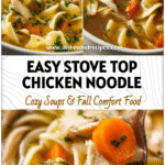 Close-up of steaming Chicken Noodle Soup with noodles, herbs, and a golden homemade broth.