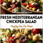 Colorful Mediterranean Chickpea Salad With Feta, Olives, Herbs, and Lemon served in a rustic bowl.