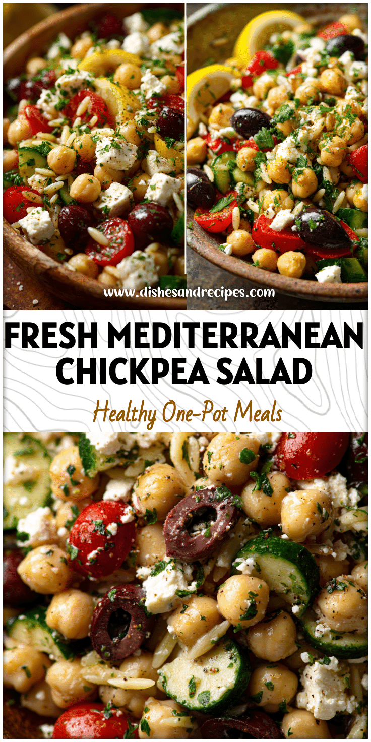 Colorful Mediterranean Chickpea Salad With Feta, Olives, Herbs, and Lemon served in a rustic bowl.