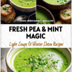 Fresh Spring Pea & Mint Soup for a Light Vegan Lunch 5 Bowl of Vegan Pea And Mint Soup garnished with herbs beside Savory Scones for a fresh Spring Lunch.