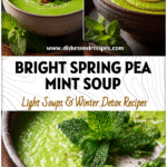 Bowl of Spring Pea Soup garnished with mint, Lemon Herb, and Salad Toppings beside creamy Roasted Eggplant Dip.