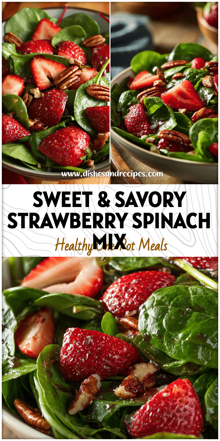 Bowl of Strawberry Spinach Salad with balsamic dressing, pecans, and fresh fruit for an easy salad recipe