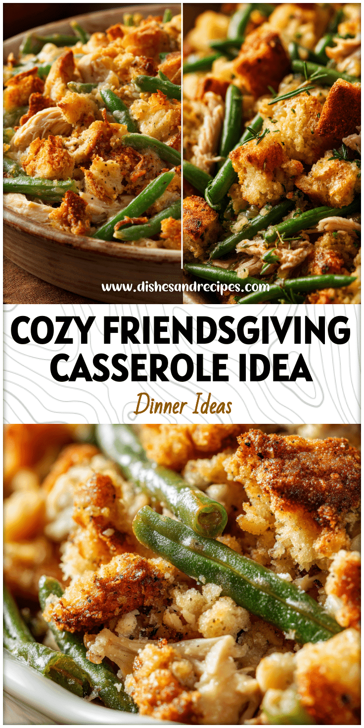 Baked Friendsgiving Casserole filled with turkey, green beans, and golden stuffing topping.