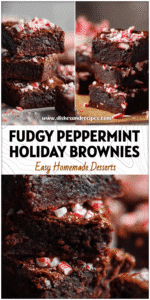 Stack of fudgy peppermint fudge brownies topped with crushed candy canes for Christmas baking.