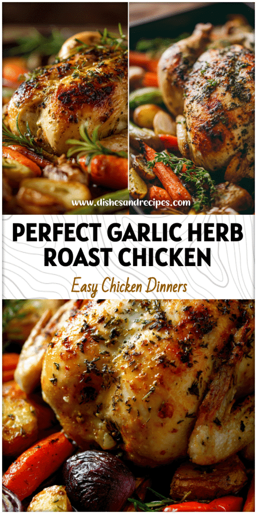 Golden Garlic Herb Whole Chicken roasted with vegetables in a baking pan for a cozy dinner.