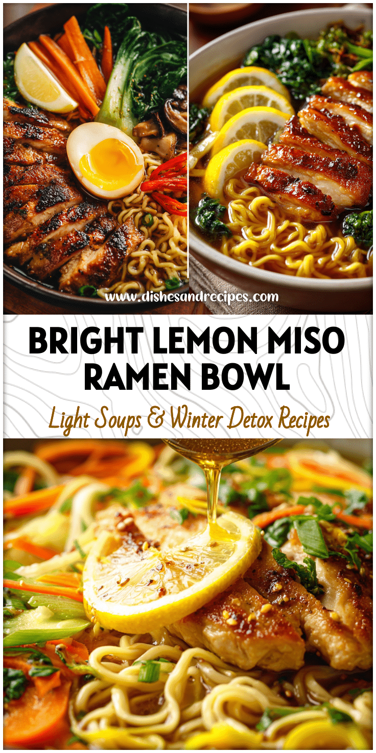 Bowl of Ginger Miso Lemon Chicken Ramen with colorful vegetables and glazed chicken in Japanese ramen style