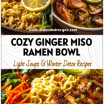 Ginger Miso Chicken Ramen with Lemon Twist and Glazed Chicken Flavor 5 Bowl of Asian Ramen With Vegetables and Glazed Chicken in a Japanese Ramen With Lemon style presentation.