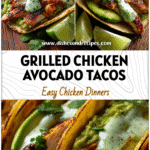 Grilled Chicken Avocado Tacos with Zesty Cilantro Lime Sauce 5 Close-up of grilled Chicken Avocado Tacos topped with fresh lime wedges and creamy Cilantro Lime Sauce.