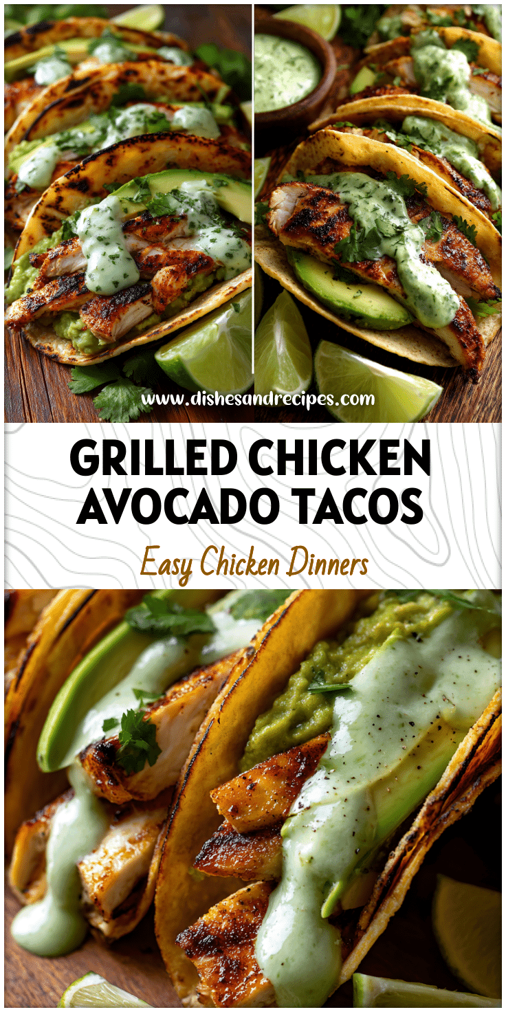 Close-up of grilled Chicken Avocado Tacos topped with fresh lime wedges and creamy Cilantro Lime Sauce.