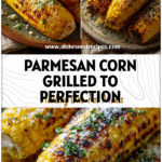 Close-up of grilled corn on the cob with parmesan cheese, garlic butter, and herb seasoning on a rustic plate.