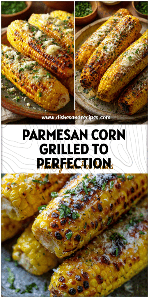 Home 34 Close-up of grilled corn on the cob with parmesan cheese, garlic butter, and herb seasoning on a rustic plate.