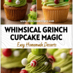 Grinch-Themed Christmas Tree Cupcakes for a Festive Dessert Table 5 Whimsical Grinch-themed Christmas Tree Cupcakes topped with green frosting and festive decorations for a holiday dessert display.
