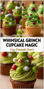 Home 6 Whimsical Grinch-themed Christmas Tree Cupcakes topped with green frosting and festive decorations for a holiday dessert display.