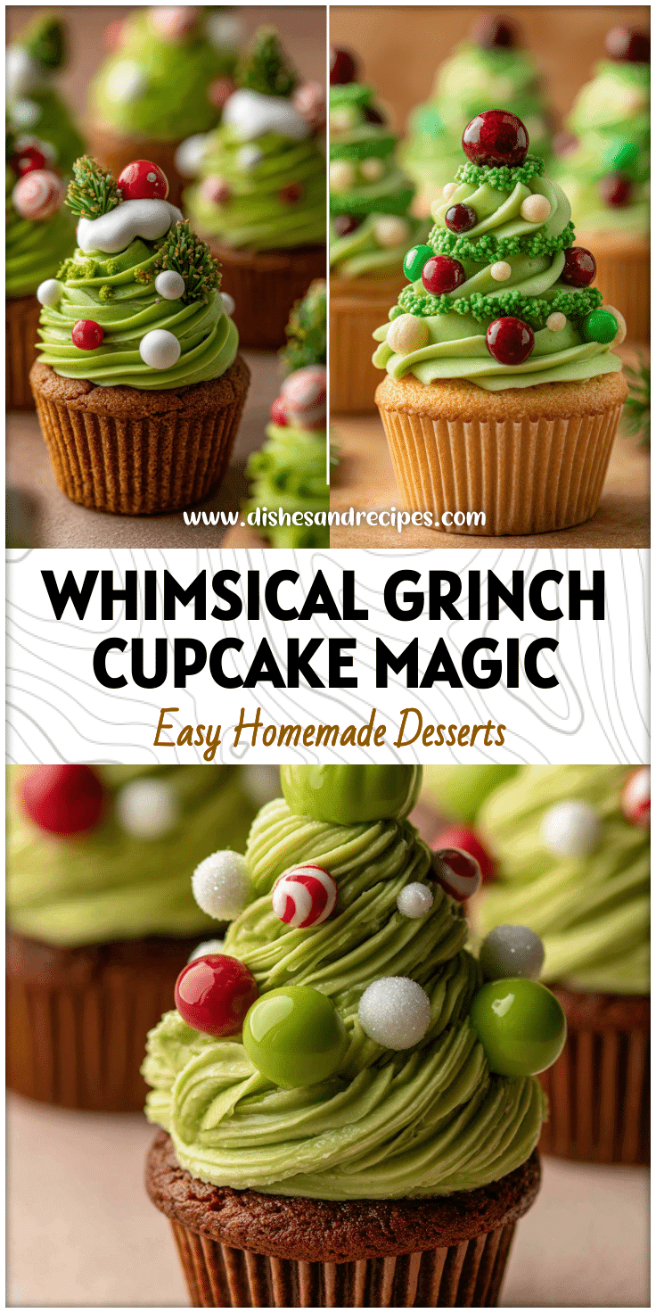 Whimsical Grinch-themed Christmas Tree Cupcakes topped with green frosting and festive decorations for a holiday dessert display.