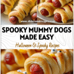 Golden Crescent Roll wrapped Mummy Hot Dogs arranged on a Halloween party platter.
