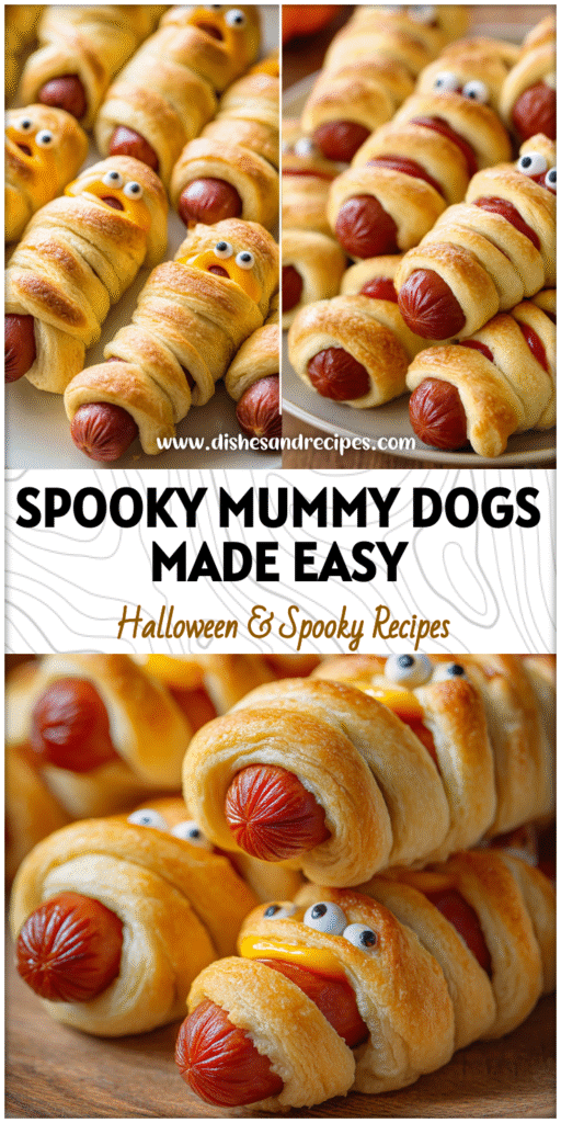 Golden Crescent Roll wrapped Mummy Hot Dogs arranged on a Halloween party platter.
