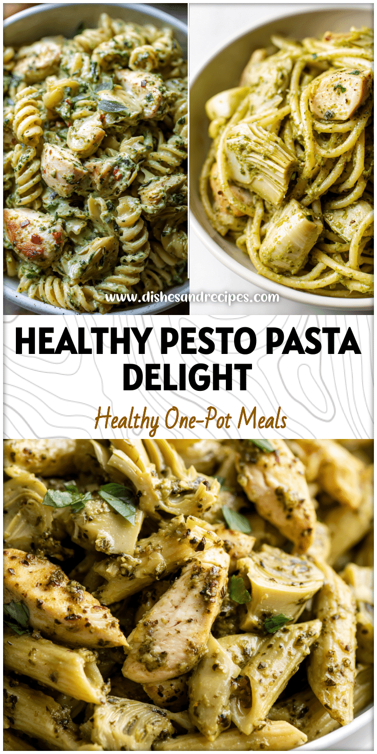 Healthy chicken and artichoke pesto pasta served in a white bowl with creamy green pesto sauce.
