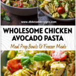 A bowl of Healthy Chicken Avocado Pasta Salad with tomato and basil garnished vibrantly on a rustic table.