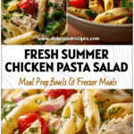 Healthy chicken penne pasta salad with pesto dressing, cherry tomatoes, and greens served cold.