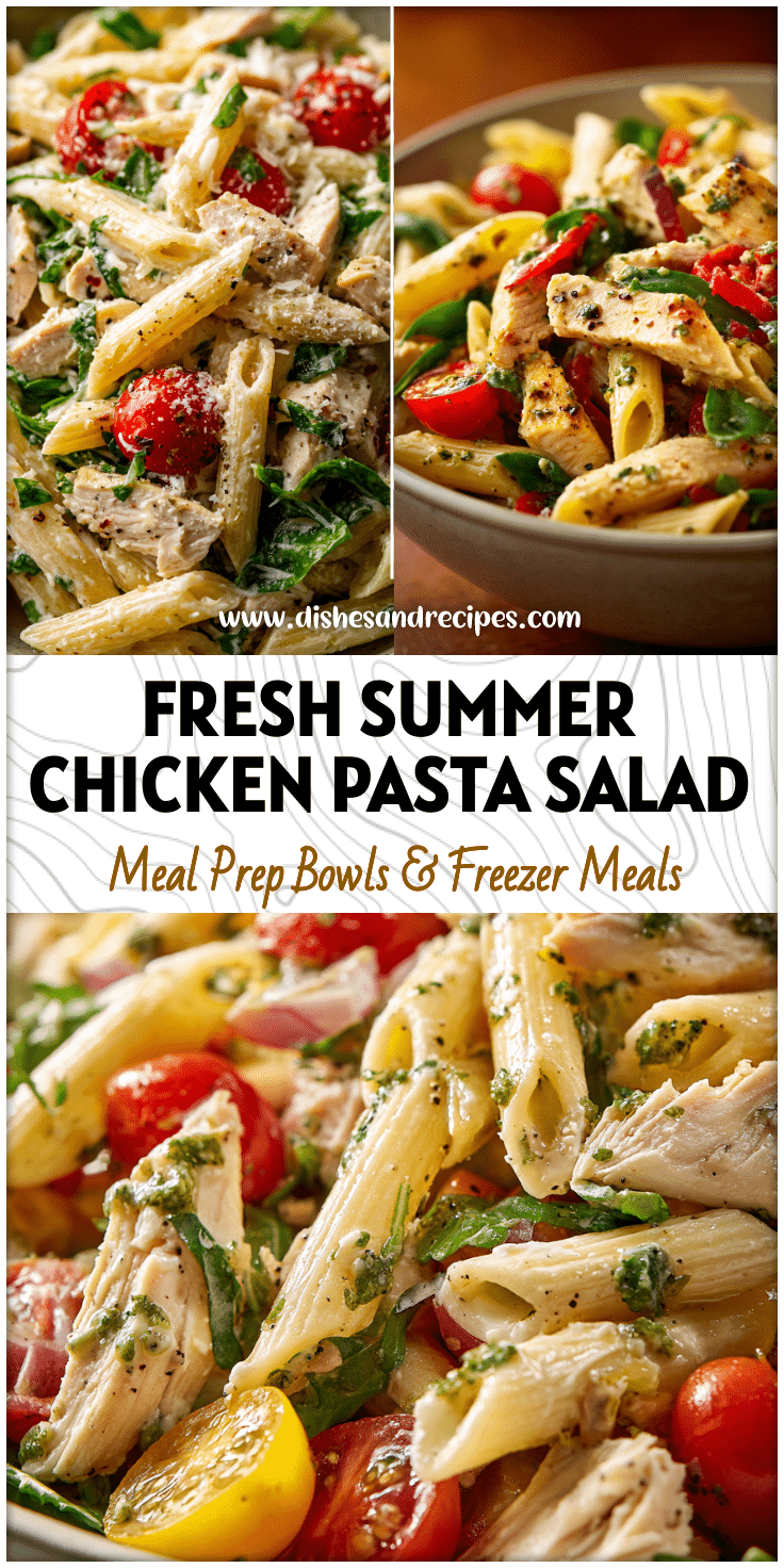 Healthy chicken penne pasta salad with pesto dressing, cherry tomatoes, and greens served cold.
