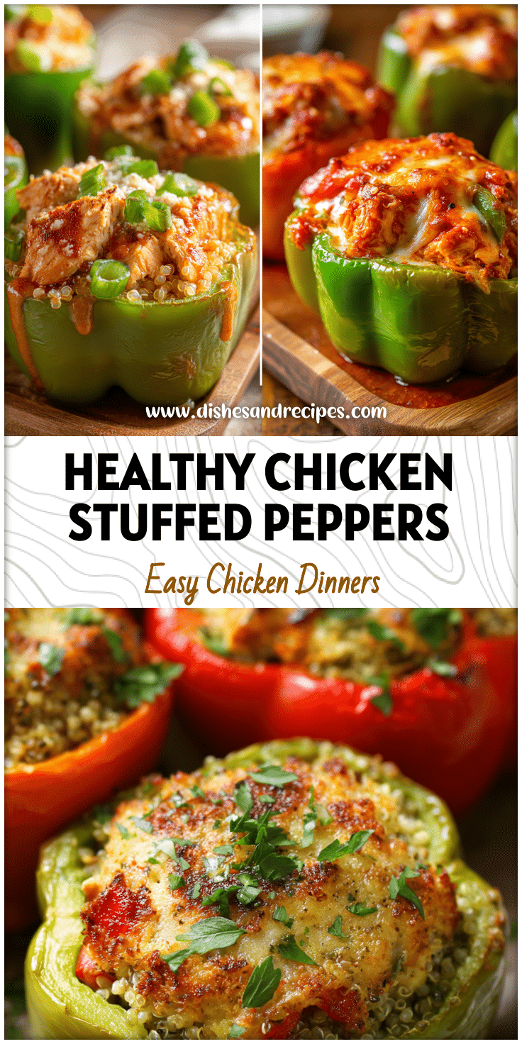 Colorful Peppers Stuffed With Chicken, quinoa, and veggies in a baked Chicken Parmesan Stuffed Peppers style dish.