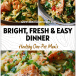 Bowl of Mediterranean lemon orzo mixed with salmon chunks, spinach leaves, and fresh herbs