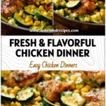 Healthy Garlic Butter Chicken With Zucchini & Corn 5 Close-up of juicy garlic butter chicken with zucchini and corn served in a pan for a healthy meal.