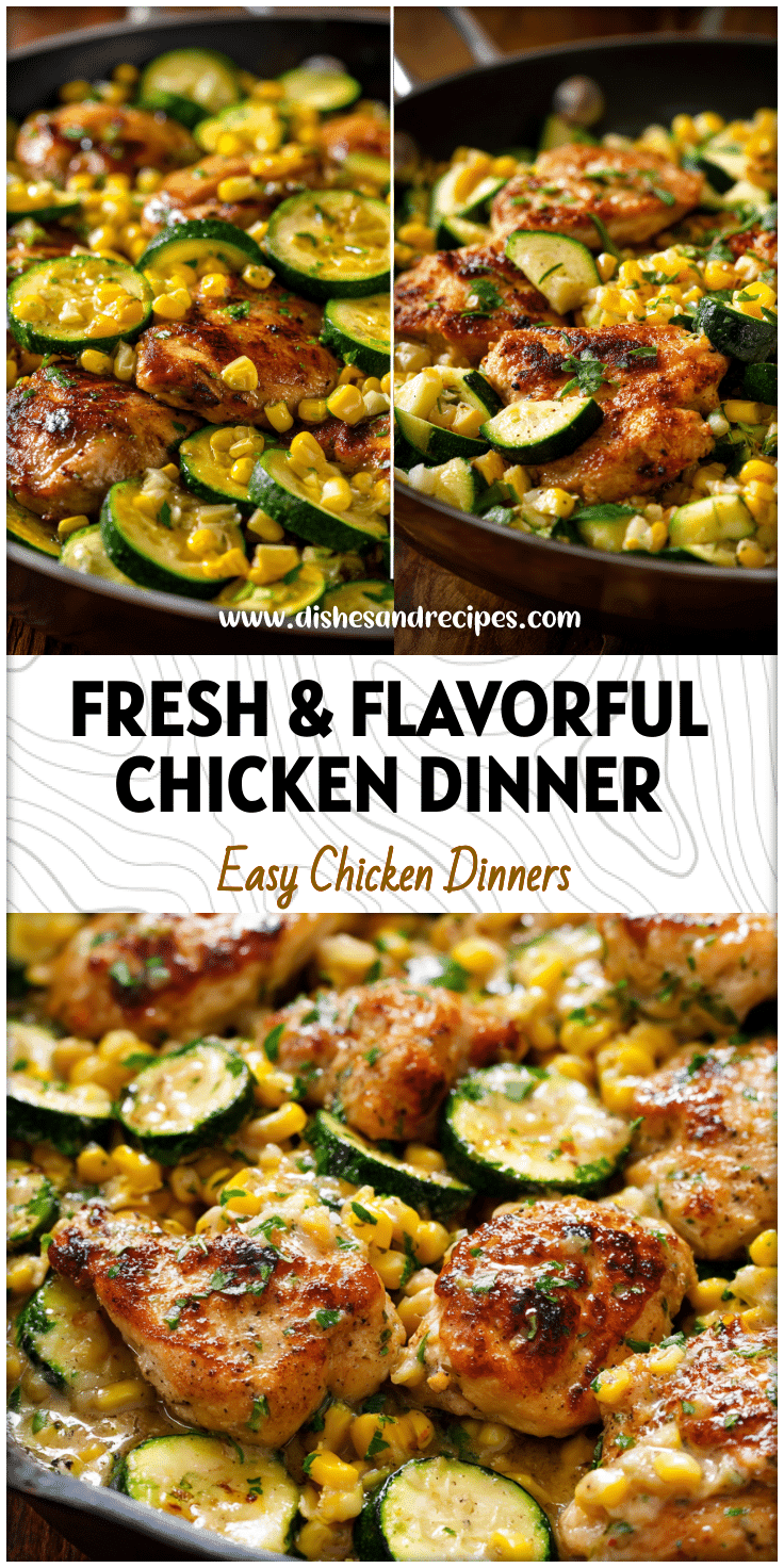 Close-up of juicy garlic butter chicken with zucchini and corn served in a pan for a healthy meal.