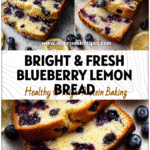Healthy Lemon Blueberry Bread Recipe to Brighten Your Day 5 Sliced healthy Lemon Blueberry Bread with fresh berries and lemons on a light background.