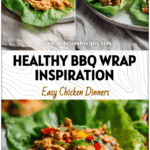 Healthy Lettuce Wrap Recipes Inspired by BBQ Chicken & Stuffed Peppers 5 Plate of BBQ chicken lettuce wraps styled like stuffed peppers on a bright linen background.