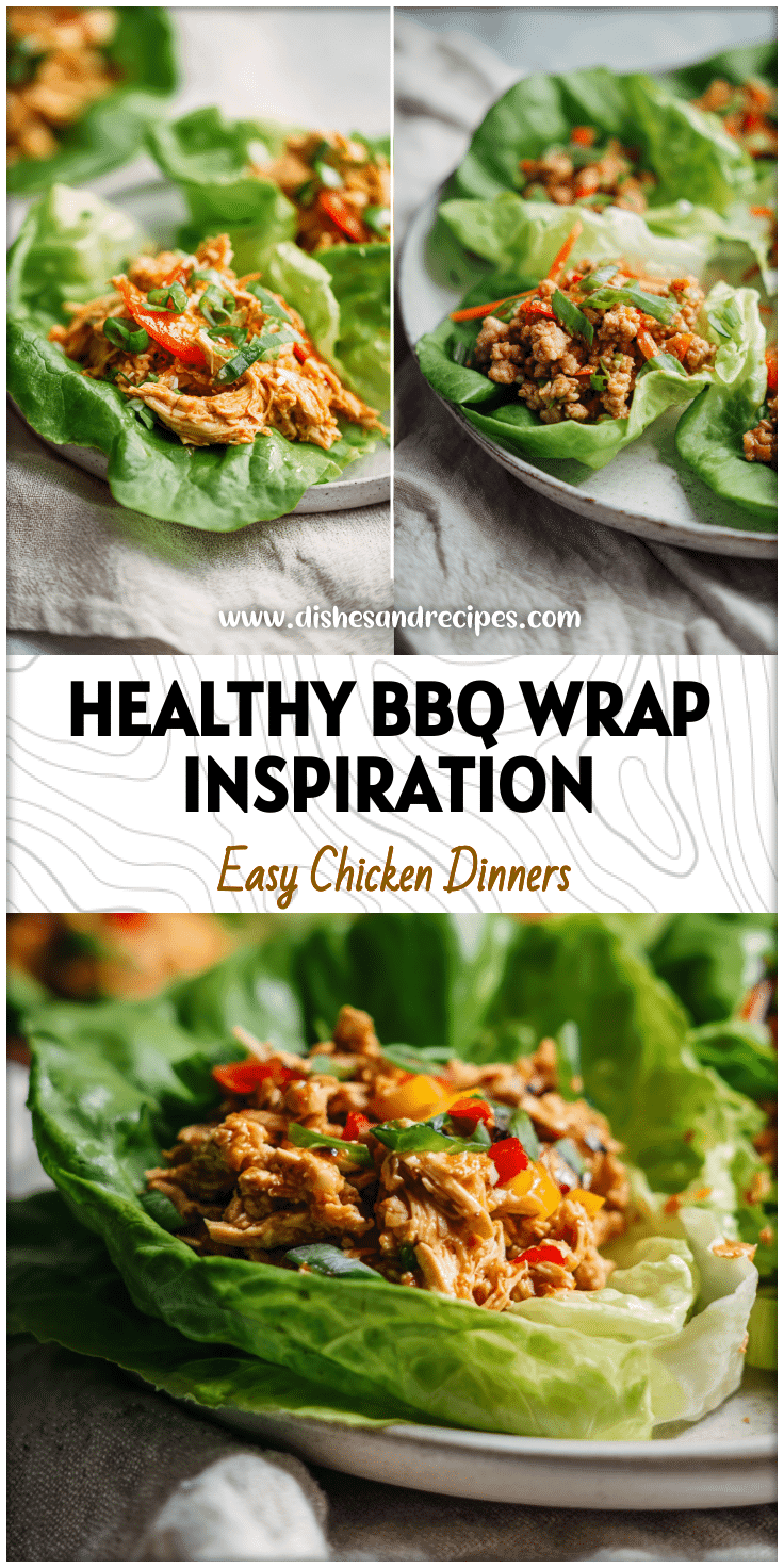 Plate of BBQ chicken lettuce wraps styled like stuffed peppers on a bright linen background.