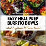 Meal prep containers filled with burrito chicken, rice, beans, and colorful vegetables for a healthy Mexican bowl recipe.