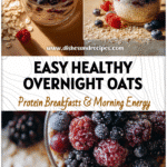 Healthy Overnight Oats With Rolled Oats and Berries for Spring 5 A glass bowl of Overnight Oats with Rolled Oats and berries next to a sprinkle of dry oats.