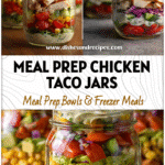 Colorful Healthy Southwest Chicken Taco Salad Jars layered with chopped chicken, veggies, and creamy dressing for easy meal prep.