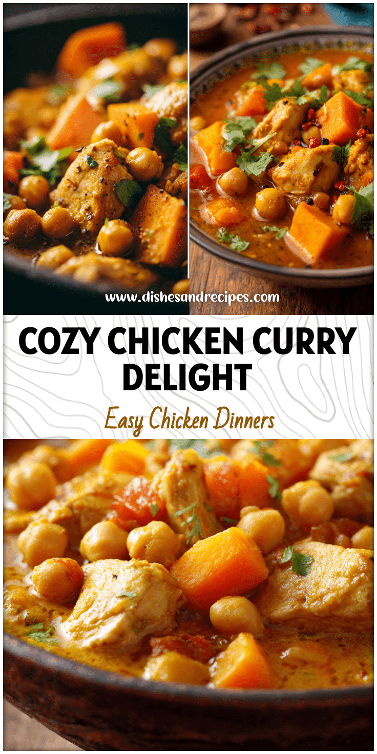 Bowl of Chicken and Chickpea Curry with tender sweet potatoes, colorful veggies, and hearty stew texture.