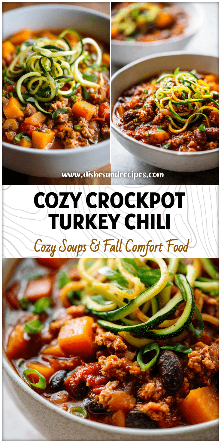 Bowl of Crockpot Sweet Potato Turkey Chili with beans, butternut squash, and pumpkin topped with zucchini zoodles.