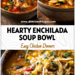 Delicious enchilada soup with chicken, vegetables, and melted cheese served in a rustic bowl.