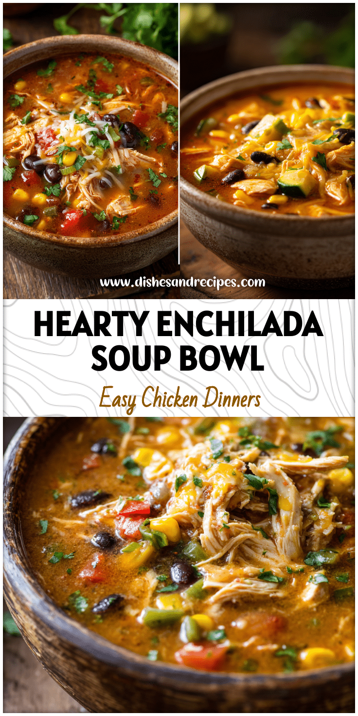 Delicious enchilada soup with chicken, vegetables, and melted cheese served in a rustic bowl.