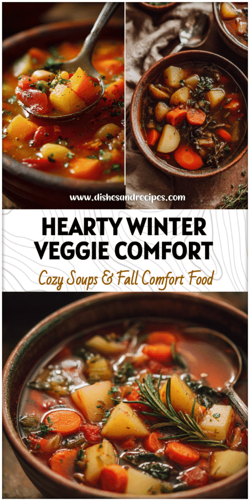 Rustic bowl of hearty Winter Veggie Soup with carrots, potatoes, and herbs ready to serve