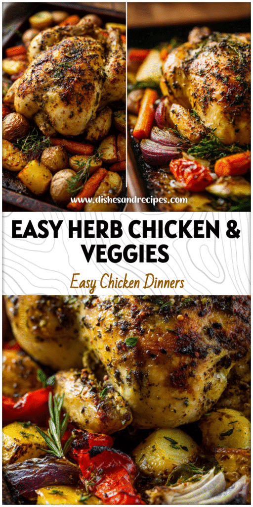 Home 29 Herb-roasted chicken with golden vegetables on a rustic baking tray, fresh from the oven.