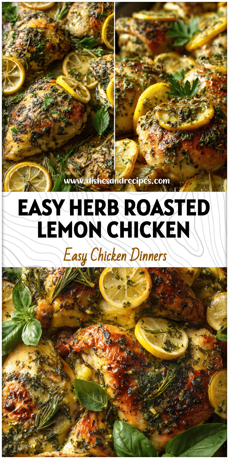 Golden Herb-seasoned Roasted Chicken Breasts with lemon slices, parsley, and basil in a rustic tray bake.