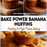 High-Protein Banana Bread Muffins for Healthy Breakfasts 5 Golden Protein Packed Banana Muffins on a wooden board, a perfect Healthy Snacks High In Protein breakfast idea.